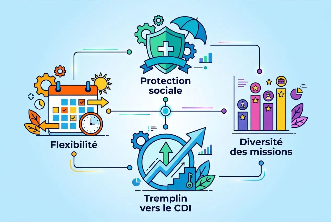 representation-graphique-avantages-protection-sociale Contrat de travail temporaire : avantages et inconvénients de l'intérim