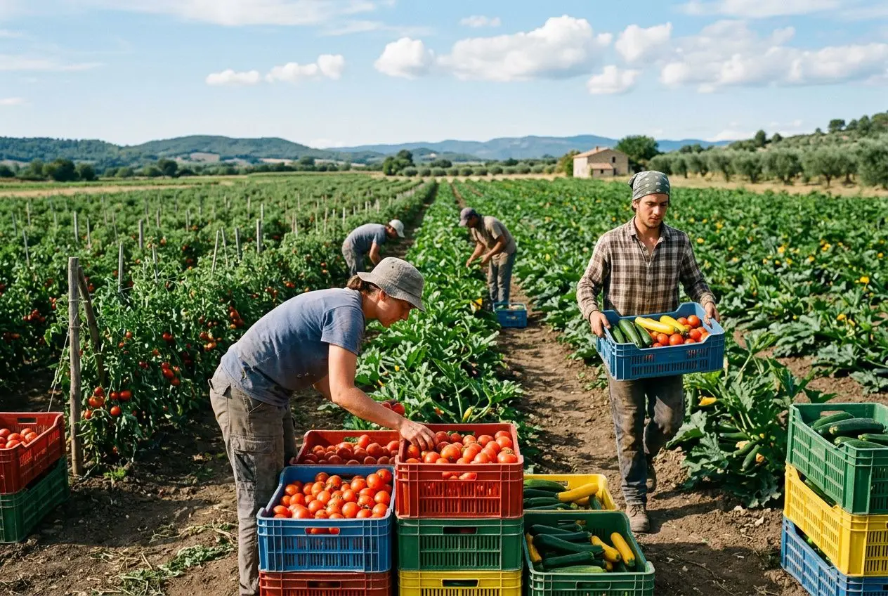 Travailleurs agricoles récoltant des tomates et légumes dans un champ en plein air, chargement de caisses colorées, paysage rural. Travail saisonnier agriculture, cueillette.