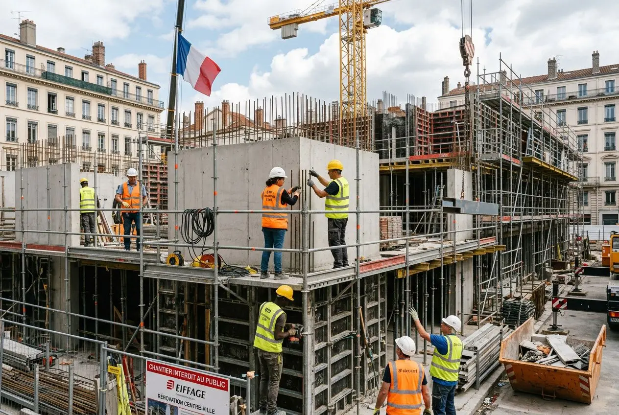 Travailleurs sur un chantier de construction en haut d’un bâtiment en béton, encadrant les structures avec échafaudages et matériel, drapeau français au vent. gestion flexible main d'œuvre intégrée naturellement.