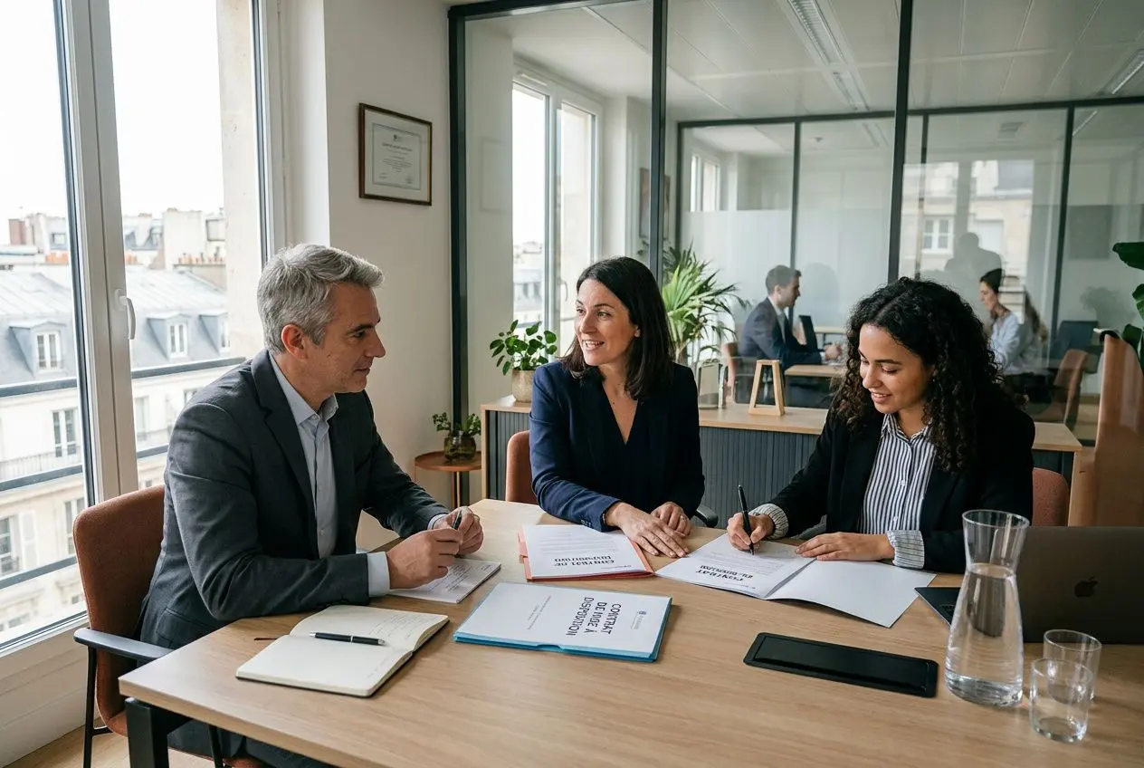 Trois professionnels en réunion discutent autour d’un dossier sur la conformité légale intérim france, avec documents et tablette sur la table.