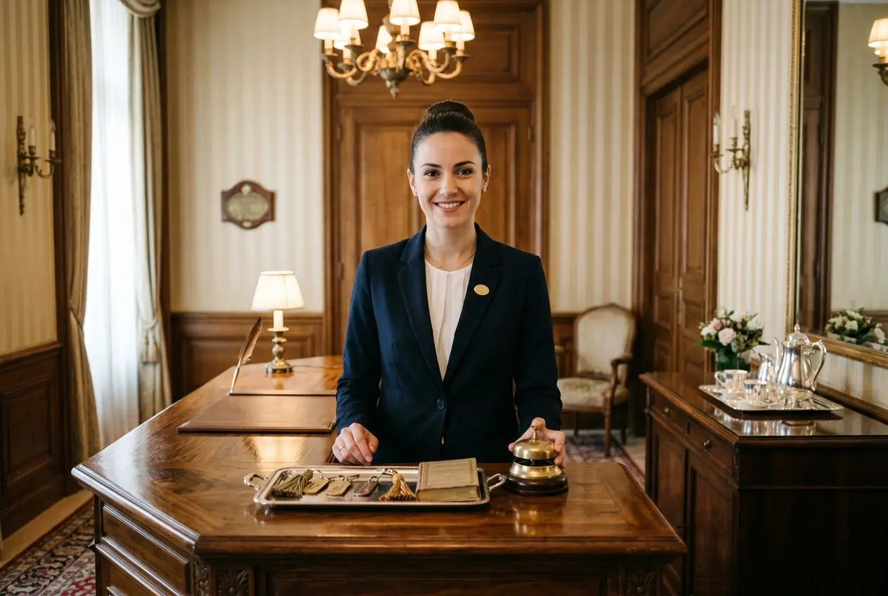 Agent d’accueil souriante derrière un grand bureau en hôtel de luxe, portant veste sombre et badge, prête à aider. agence intérim hôtellerie paris.