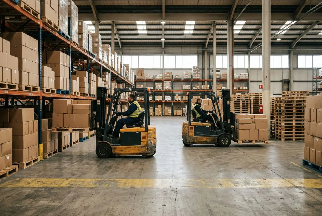 Deux chariots élévateurs manœuvrent dans un grand entrepôt de logistique, entourés d’étagères remplies de caisses et palettes. intérim logistique et industrie france
