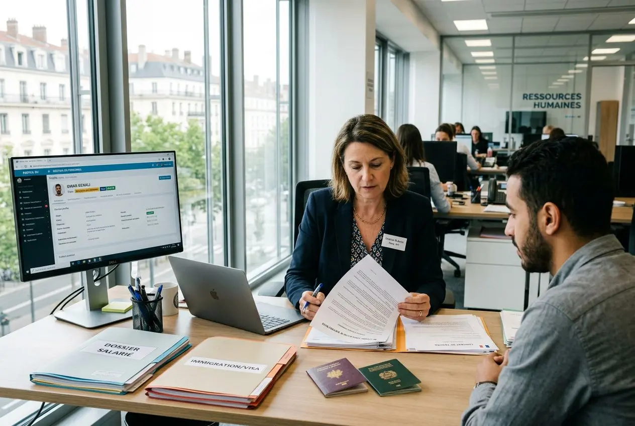 deux-professionnels-reunion-femme-examine-documents-pres-dun Comment embaucher un salarié étranger en France : guide complet