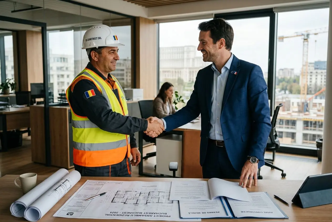 deux-professionnels-serrent-main-bureau-plans-documents Autorisation de travail roumain en France : guide pour l'embauche