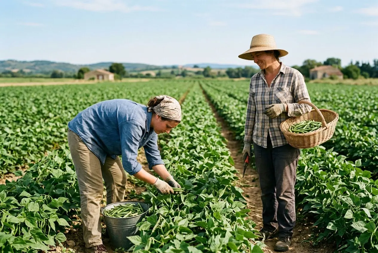 Deux travaux agricoles en plein champ: une personne ramasse des légumes dans une rangée tandis qu’une autre tient un panier et observe, dans une ferme rurale. travailleur saisonnier france est suggéré par la scène.