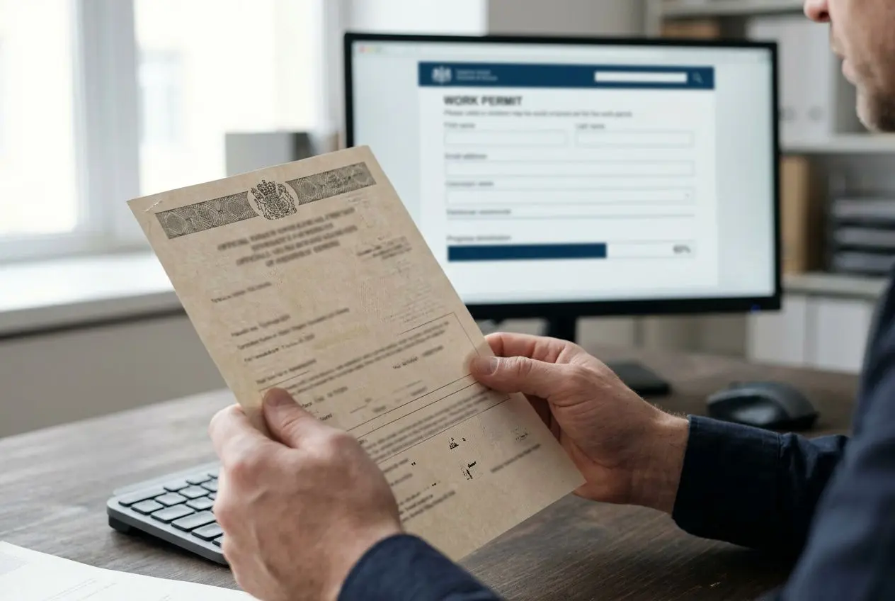 Examen d’un document officiel lié à l’autorisation de travail, avec formulaire en ligne visible sur l’écran, représentant la main d'œuvre étrangère France.