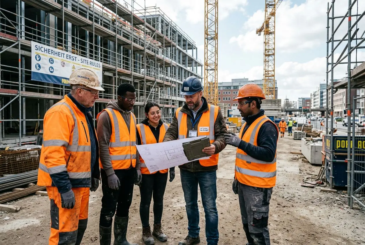Groupe de travailleurs temporaires européens sur un chantier, portant des gilets orange, écoutant un responsable qui montre un plan.