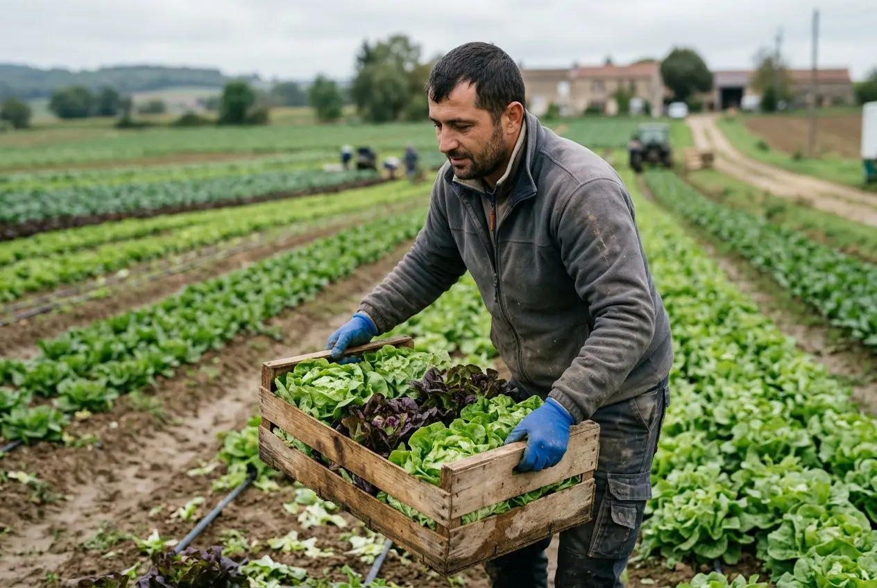Ouvrier roumain récoltant des salades dans un champ, portant une caisse en bois remplie de légumes, travail saisonnier en plein air.