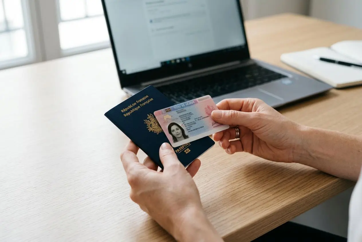 Personne tenant un passeport et une carte d'identité, avec un passeport français à côté et un ordinateur portable en arrière-plan. Altér pour conformité légale travailleur étranger france.