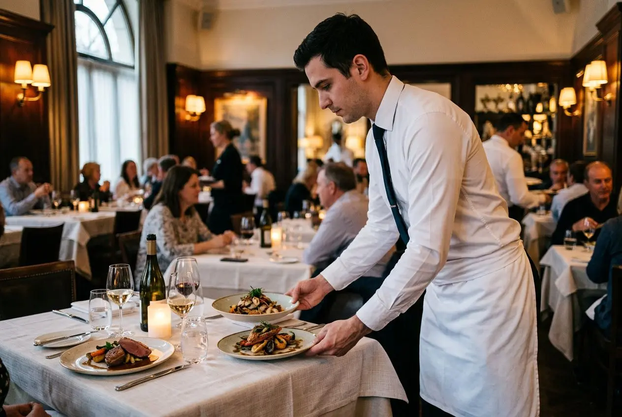 Serveur en uniforme blanc sert un plat dans une salle à manger chic, clients et tables dressées, ambiance restaurant élégant. Agence intérim restauration.