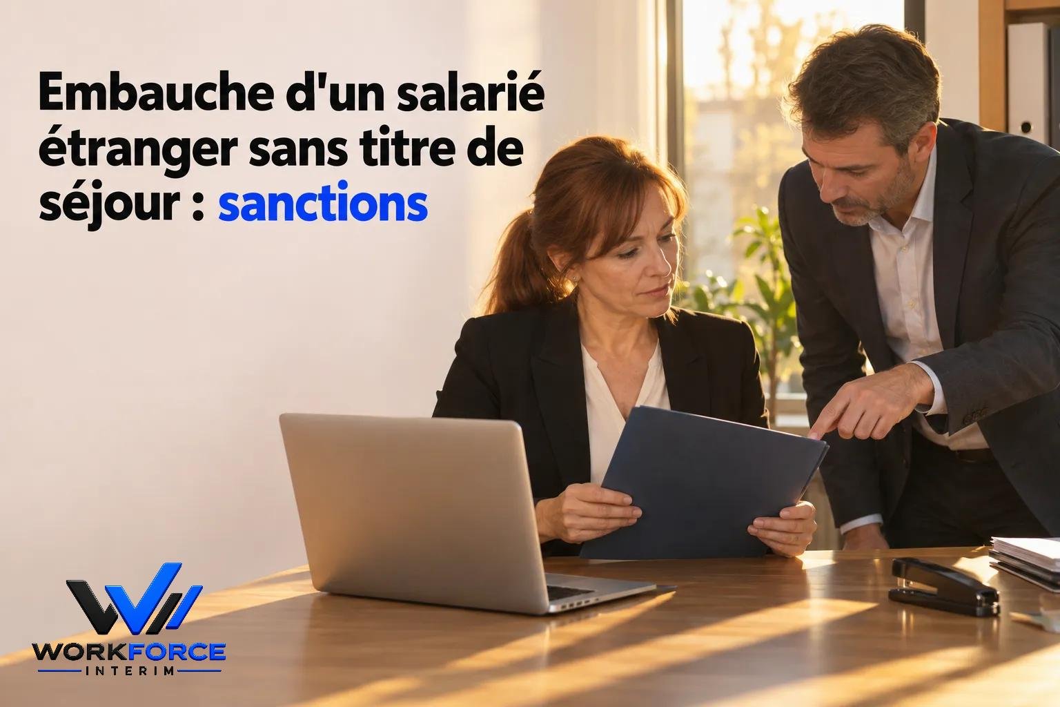 Embauche d’un salarié étranger sans titre de séjour : sanctions, deux professionnels discutent documents près d’un ordinateur portable sur un bureau.
