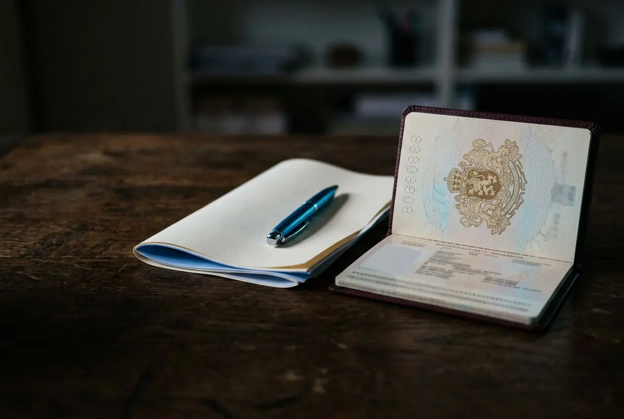 Extrait de document et carnet sur une table en bois: un passeport ouvert et un carnet avec stylo, illustrant le thème « travailleur bulgare peut travailler en france »