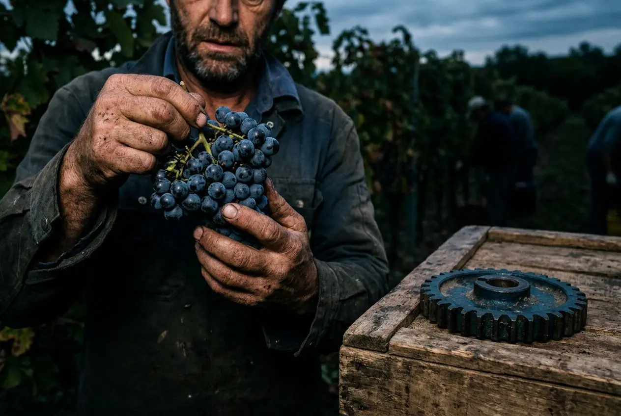 homme-vendangeant-raisins-vignoble-main-tachee-terre Salaire d'un saisonnier agricole étranger : smic et droits