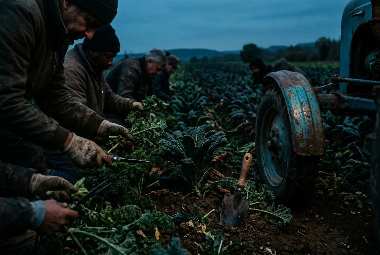 Hommes agricoles travaillant en rangs dans un champ avec une herse et des outils, près d’un tracteur au crépuscule, cherchant des feuilles à récolter. Emploi agricole europe.