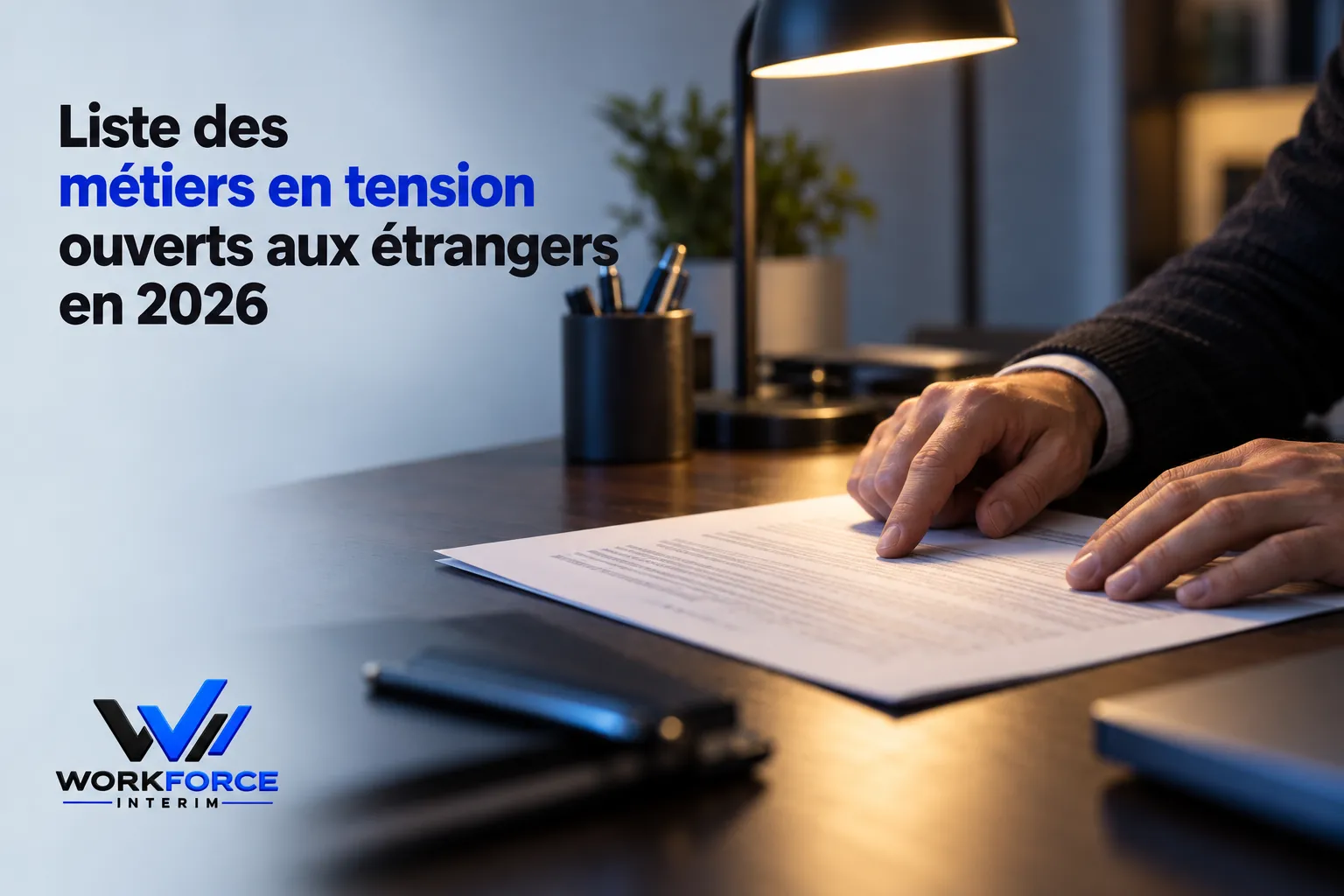 Une main qui pointe un document posé sur une table de bureau, avec une lampe et des objets de travail en arrière-plan.