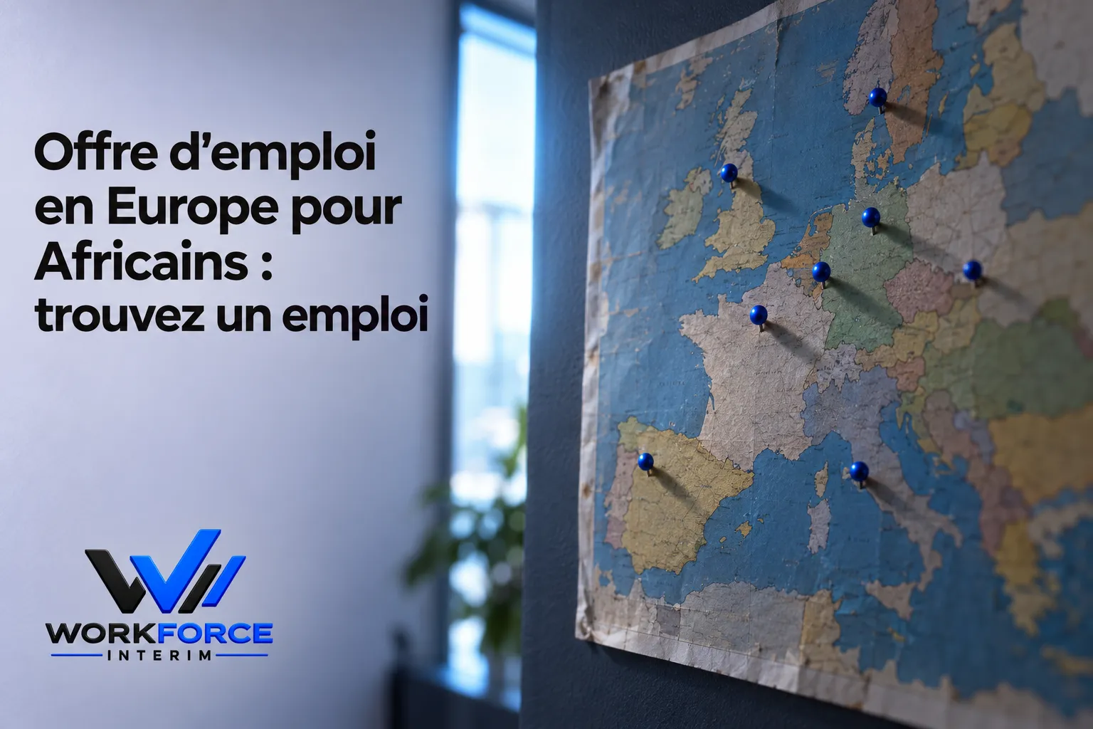 Offre d'emploi en Europe pour Africains : trouvez un emploi, affiché à côté d’une carte murale avec des épingles. WorkForce Interim logo en bas à gauche.