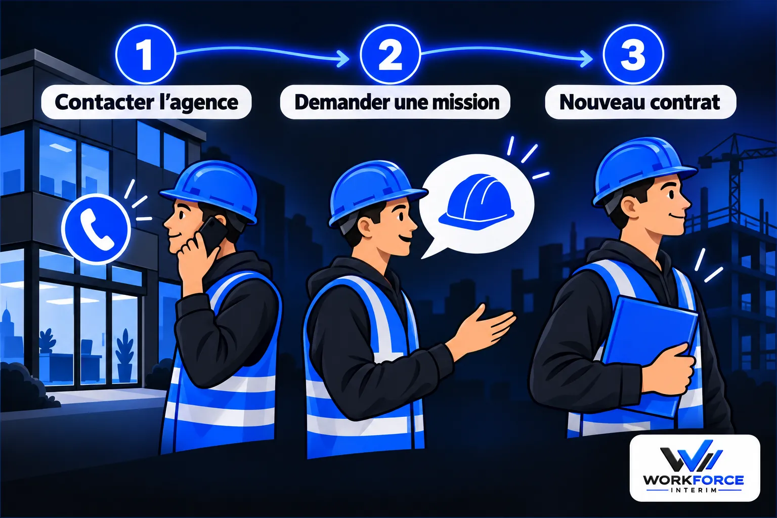 trois-ouvriers-tenue-securite-bleue-discutent-devant Rupture du contrat d'intérim par l'entreprise utilisatrice