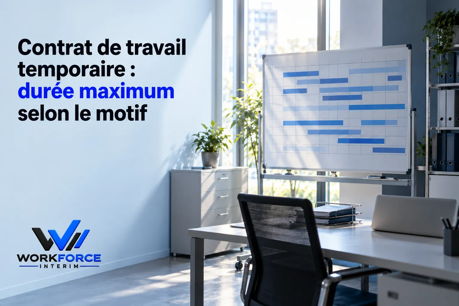Bureau avec écran de présentation affichant un graphique et le logo Work Force Interim sur le mur.