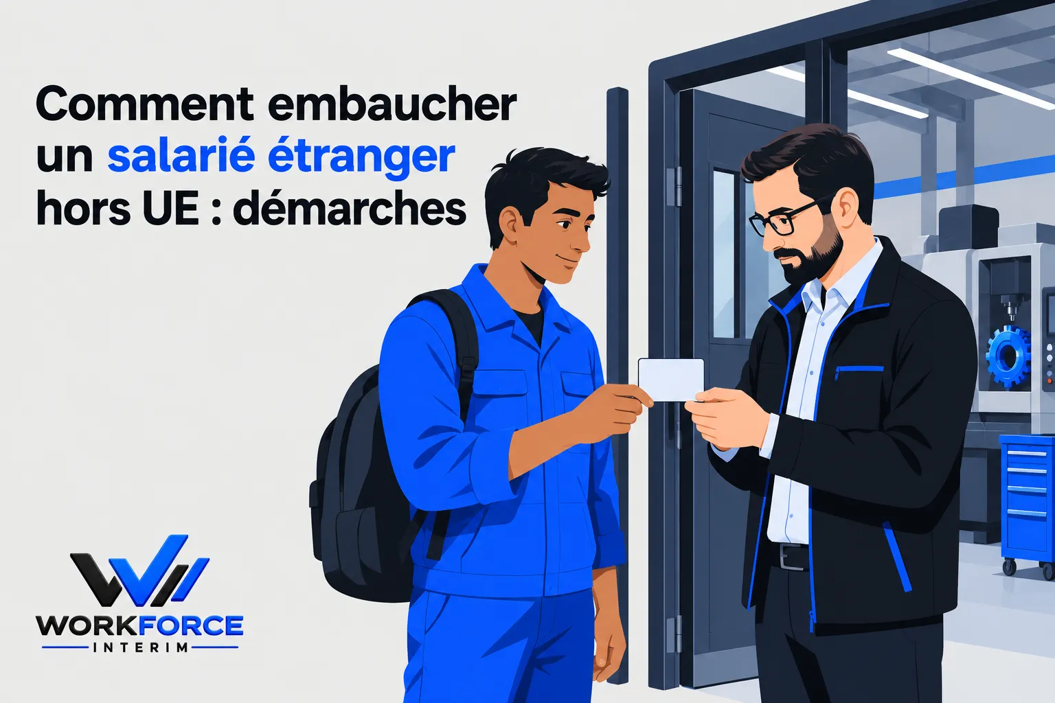 Un candidat en tenue de travail présente un document à un homme devant l’entrée d’un atelier.
