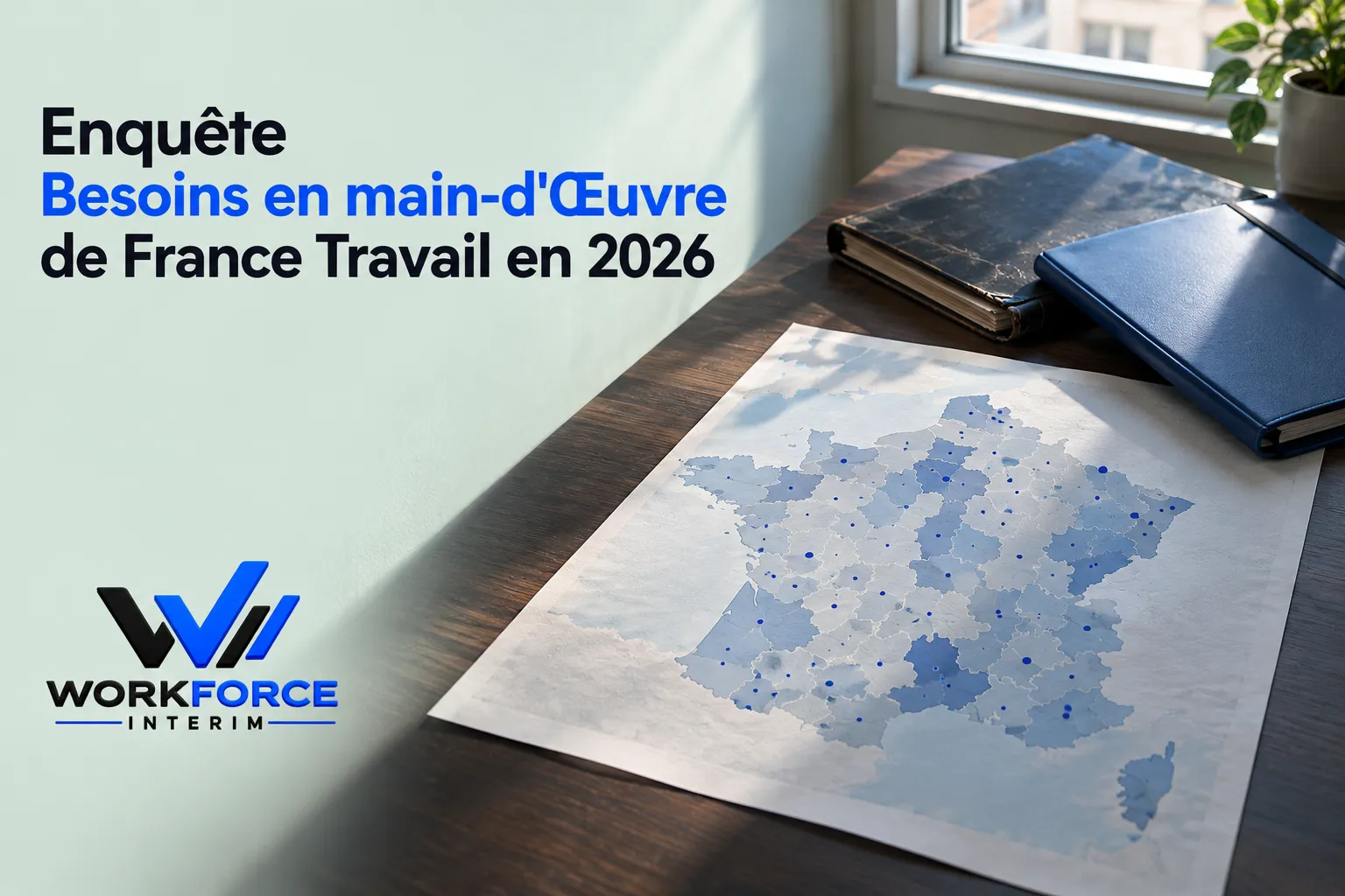 Carte et documents sur une table montrant une carte de la France et des dossiers, avec le logo WorkForce Interim à gauche.