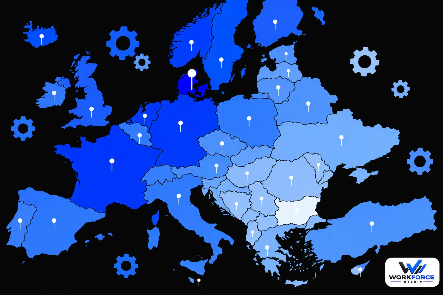 carte-europe-icones-engrenages-fond-bleu-representant-35262431 Charges patronales en Europe : comparatif et coût du travail