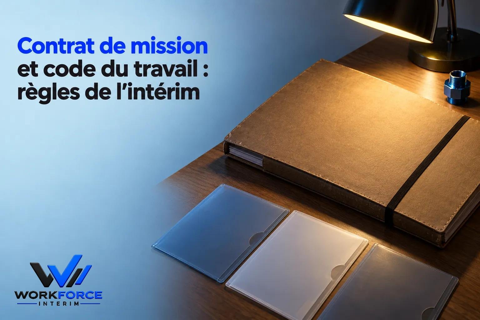 Contrat de mission et documents de travail posés sur un bureau avec une lampe, un carnet et des pochettes translucides.