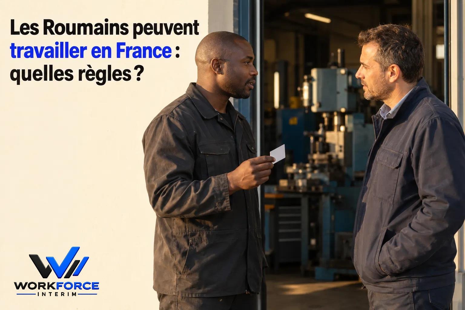 Deux hommes discutent devant une porte d’atelier, l’un tenant une carte ou un badge.