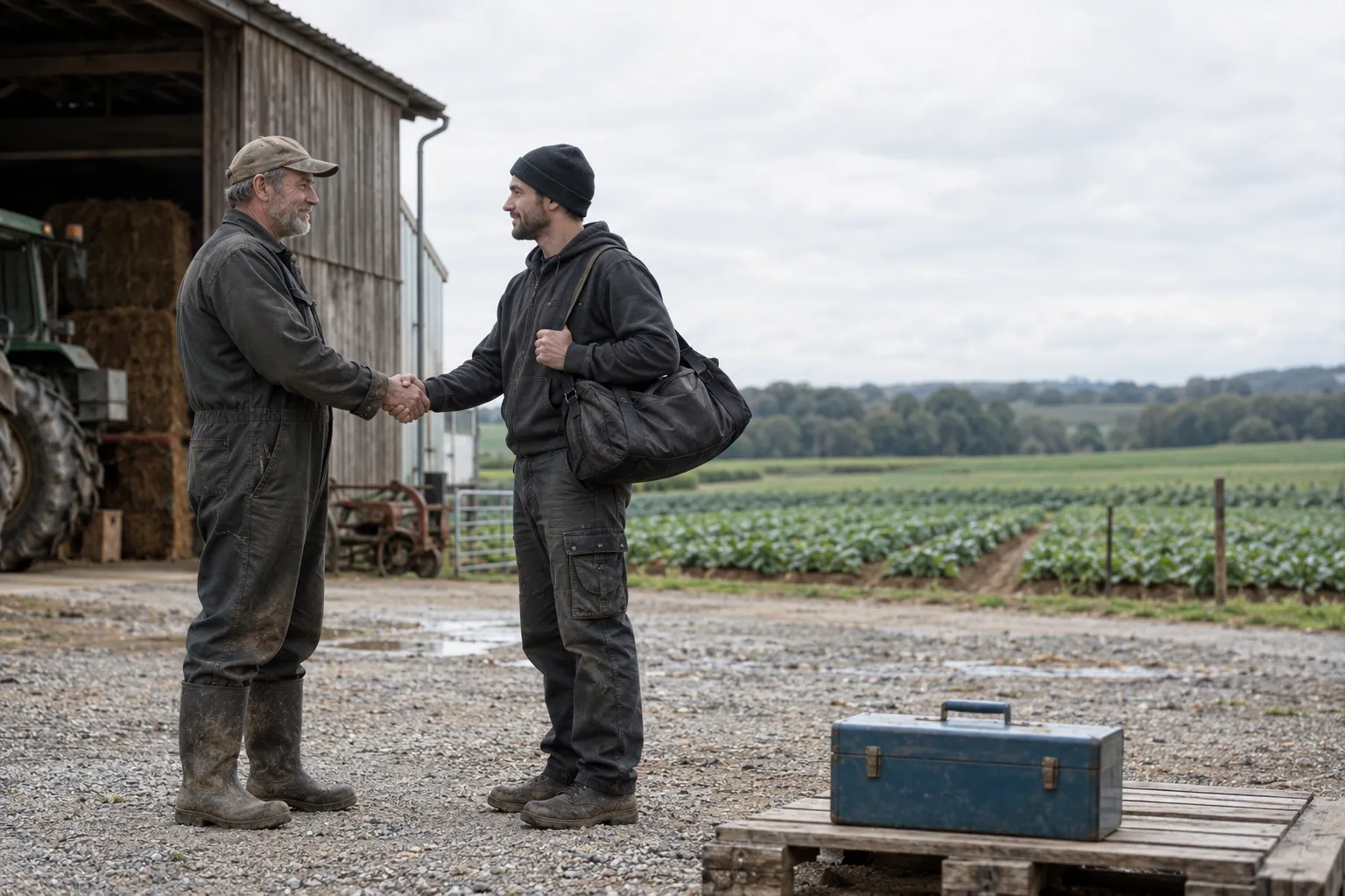 deux-hommes-tenue-travail-serrent-main-devant-ferme-lun-bf63de69 Cabinet de recrutement agricole : bien choisir son expert