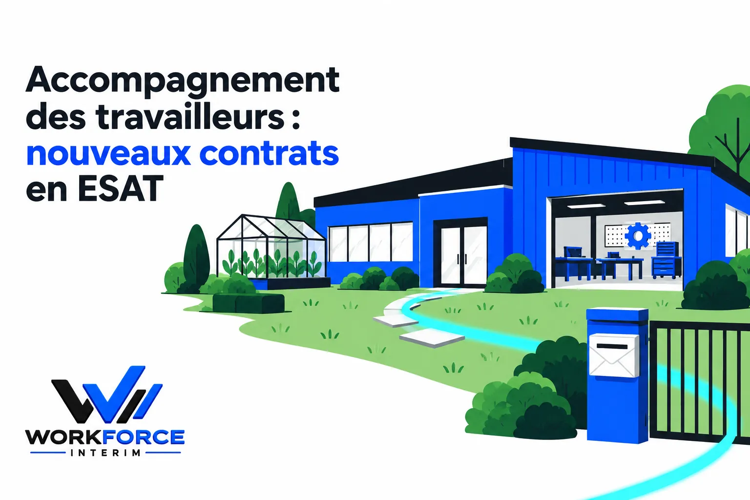 Entrée dans un ESAT avec un bâtiment moderne et un jardin, illustration du milieu protégé et des locaux de travail.