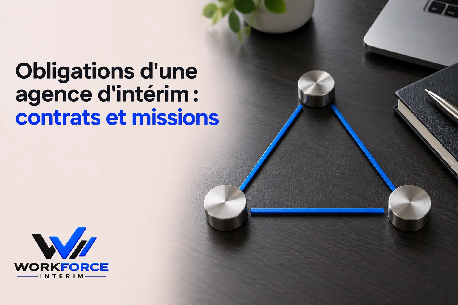 Logo WorkForce Interim et un triangle formé de trois bouchons métalliques reliés par des barrettes bleues sur une surface